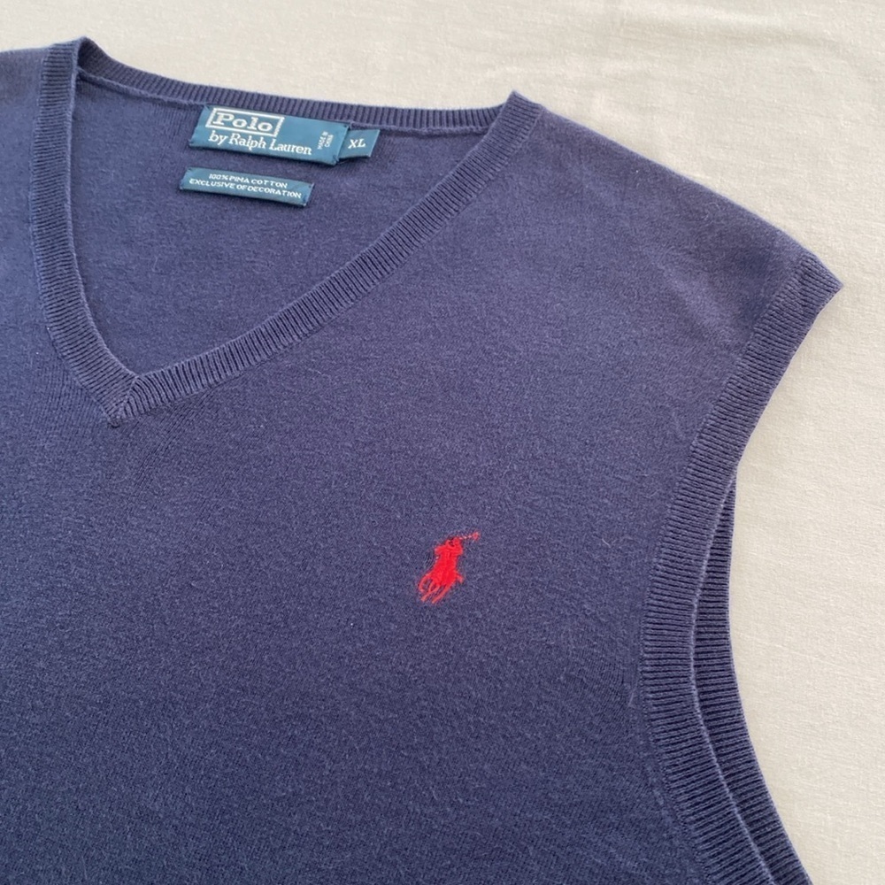 VTG Polo Ralph Lauren Pima Cotton V-neck Navy Blue Sweater Vest Men's Size XL